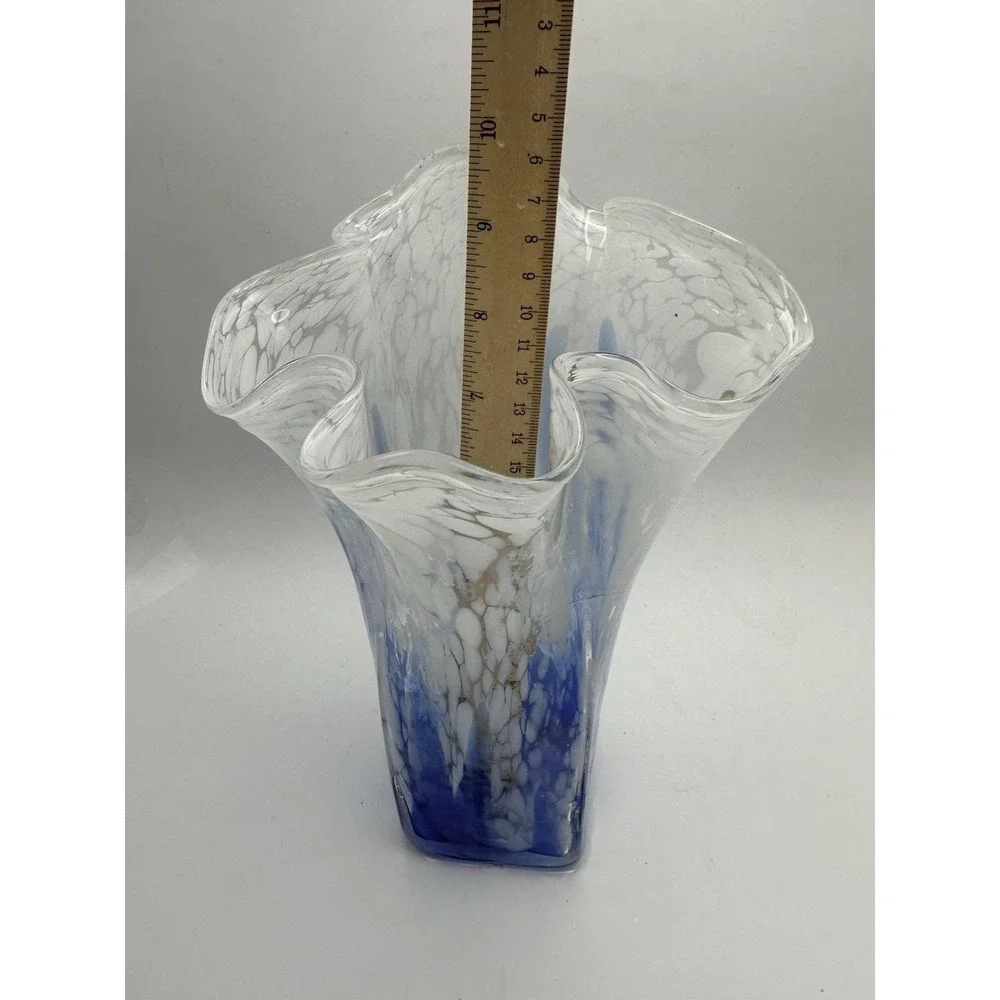 Hand Blown Art Glass Vase Blue White Spatter Ruffled Rim Studio Glass - Picture 7 of 10